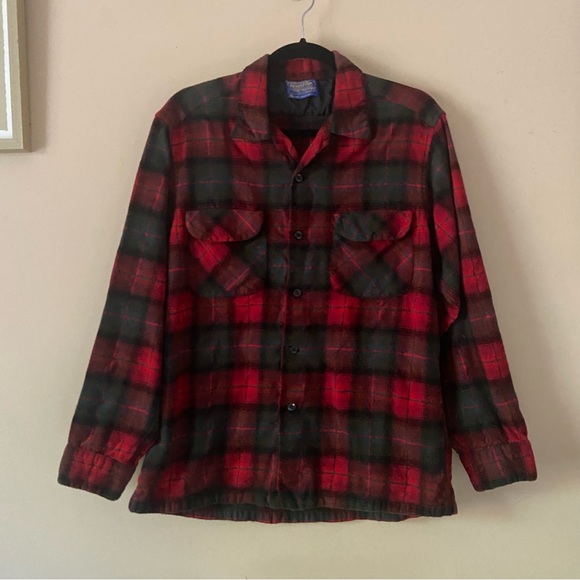 Pendleton• vintage red green wool flannel plaid button up shirt - Picture 7 of 13